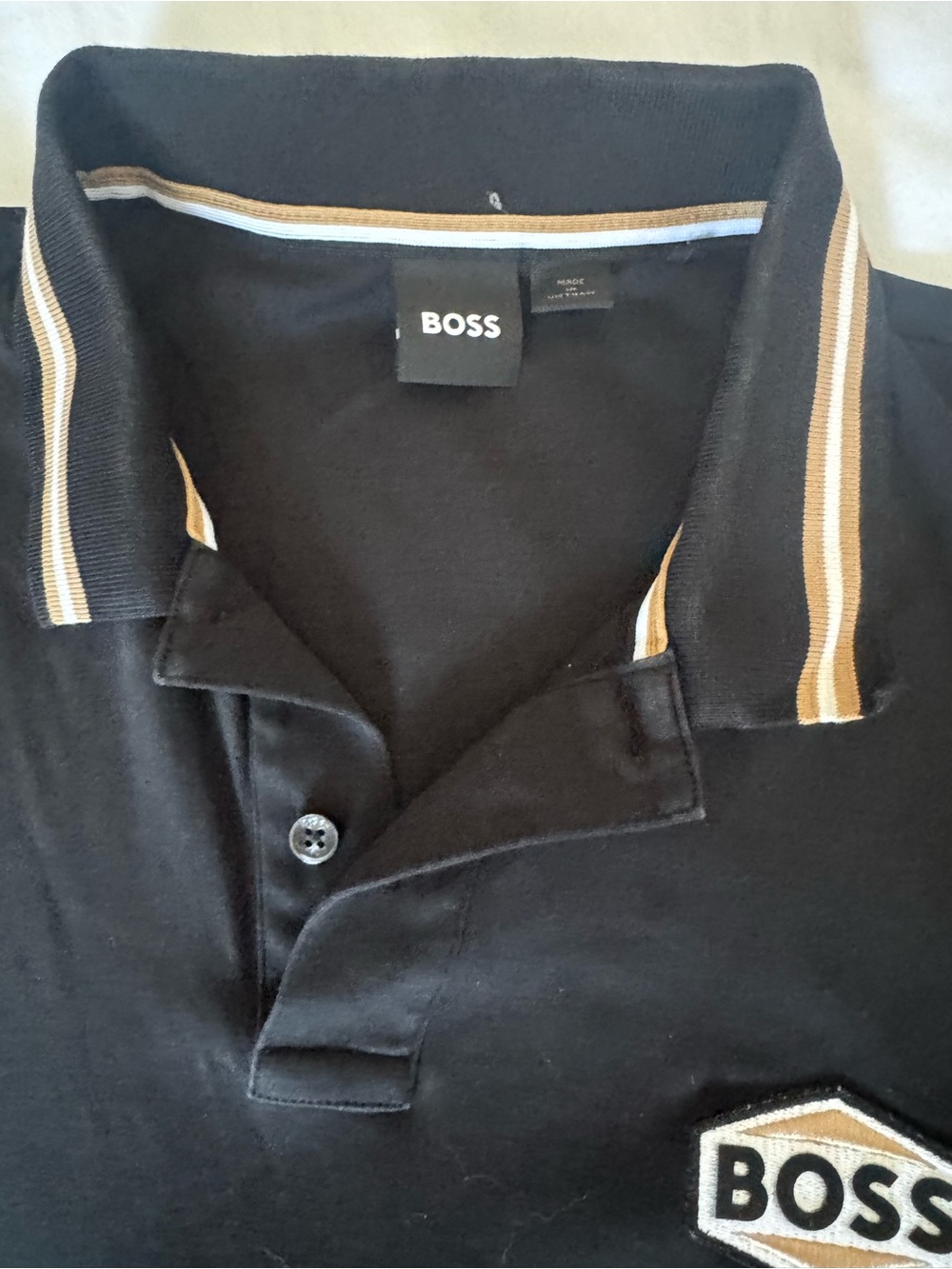 BOSS Black Polo with Tan and White Stripe Collar